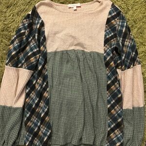 Plaid Patchwork Waffle Knit Top - Blue and Cream